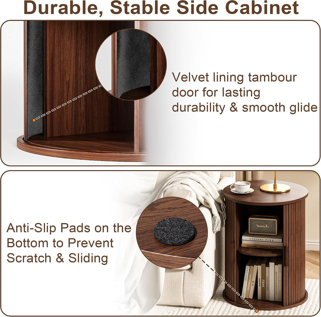 wanan Round Fluted End Table Set of 2, Tall Side Table with Sliding Tambour Door and Adjustable Storage Shelf, Modern Bedside Table, Nightstand for Living Room, Bedroom (Walnut)