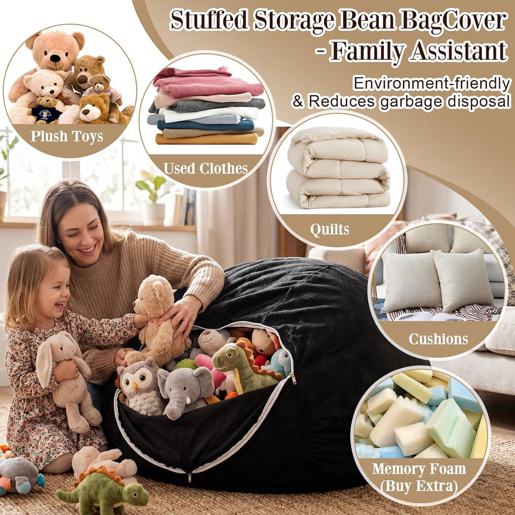 6 Pcs Bean Bag Chair Cover (No Filler) Washable Beanbag Chair Cover Stuffed Animal Storage Soft Corduroy Stuffable for Adults Pets Organizing Plush Toys Textile (Black,XL)