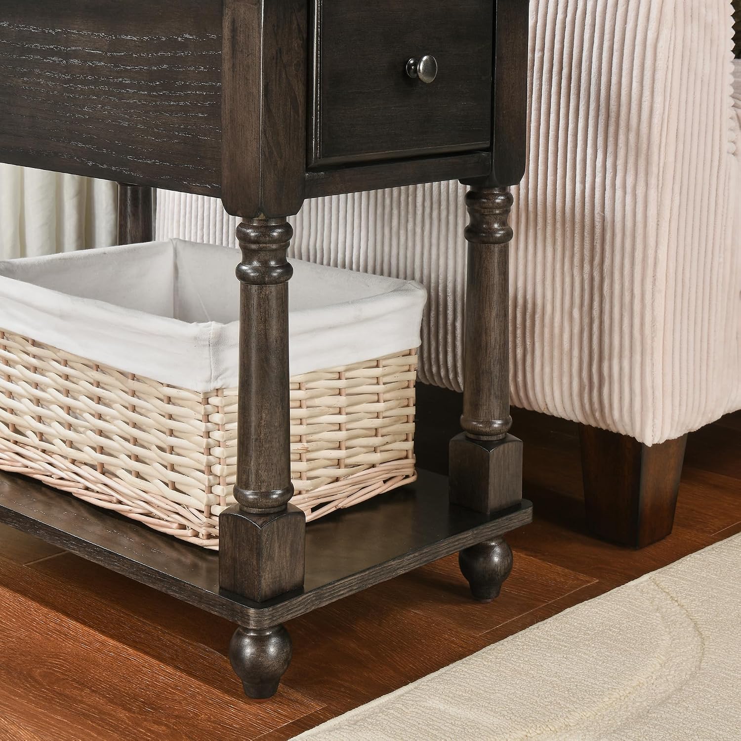 Narrow End Side Table with Drawer and Storage Shelf Set of 2, Solid Wood Sofa Tables, Slim Beside Table for Small Spaces, Living Room, 22"L x 13"W x 22.3"H No-tools Assembly Vintage Black BBJ004BK