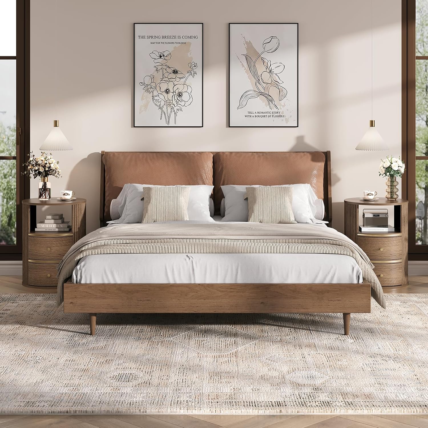JOINICE Round End Tables Living Room, Fluted End Table with 2 Drawers and Open Shelf, 24" Tall Sofa Side Table with Storage, Nightstand for Bedroom, Living Room, Walnut