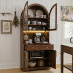 Polibi 74.8" Tall Arched Kitchen Pantry Cabinet with Power Outlet & LED Lights,Farmhouse Coffee Bar Hutch Storage Cabinet with 2 Drawers,Adjustable Shelves & Wine Glass Rack,Food Cupboard,Walnut Brown