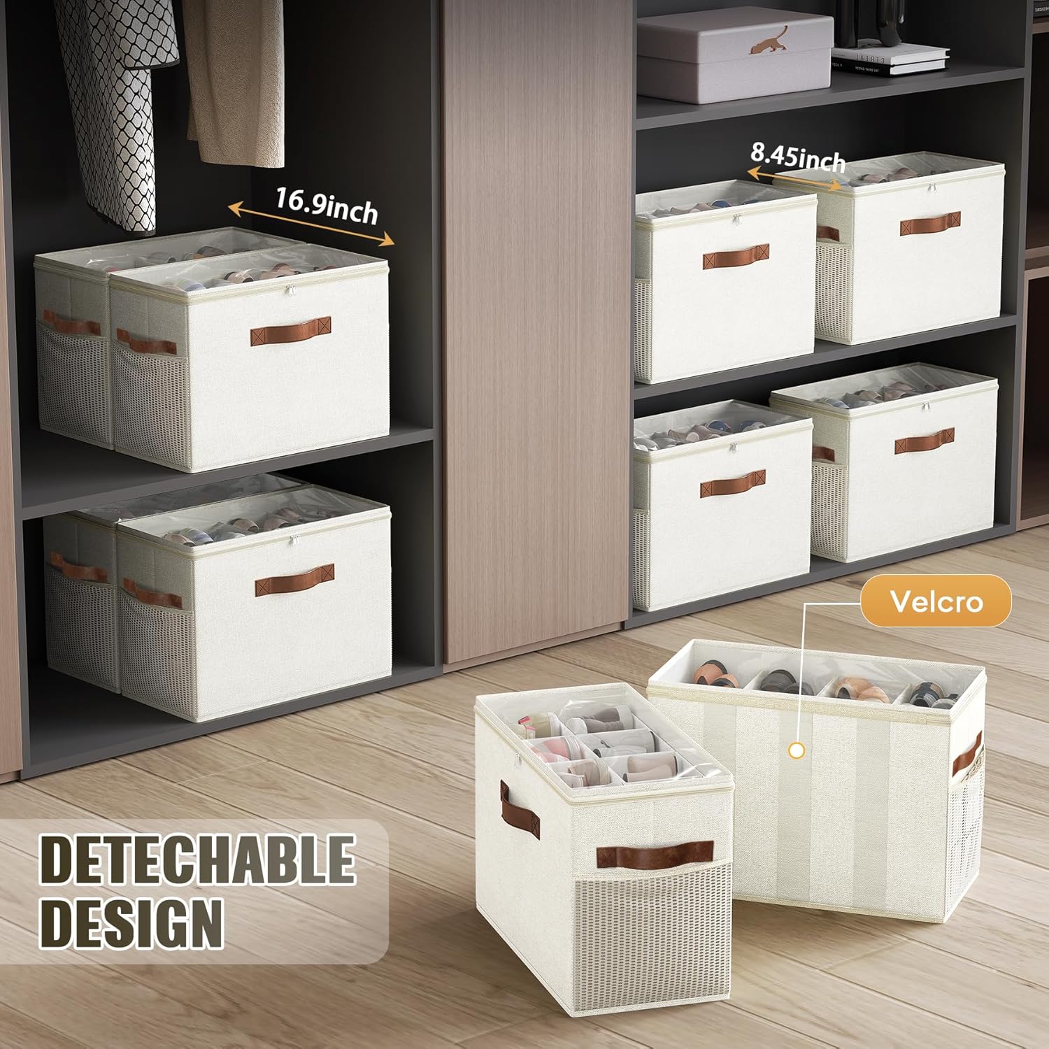 Budding Joy 2 Pack Shoe Organizer for Closet, Clear Foldable Shoe Storage Containers Adjustable Dividers Fits 16 Pairs,Shoe Storage Bins Baskets Boxes with Reinforced Handles Beige
