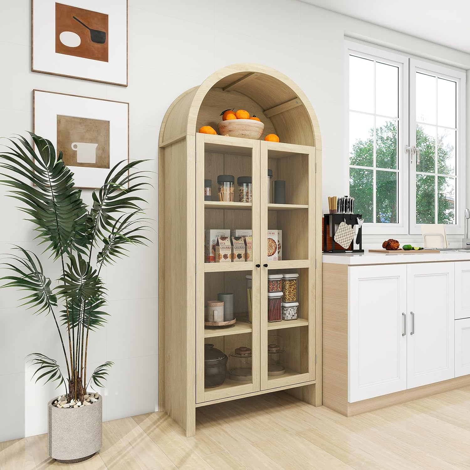 70.28 Inch High Arched Kitchen Pantry, Wooden Kitchen Storage Cabinet with Adjustable Shelves for Dining Room, Living Room, Entryway