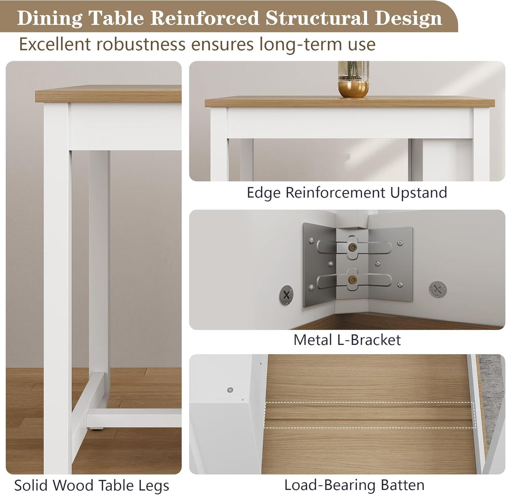 HLR Small Dining Table for 2, Farmhouse Kitchen Table with Storage Shelves, Modern Space-Saving Dinner Table, Square Compact Dining Table for Dining Room, Kitchen, Small Spaces, Apartment, White