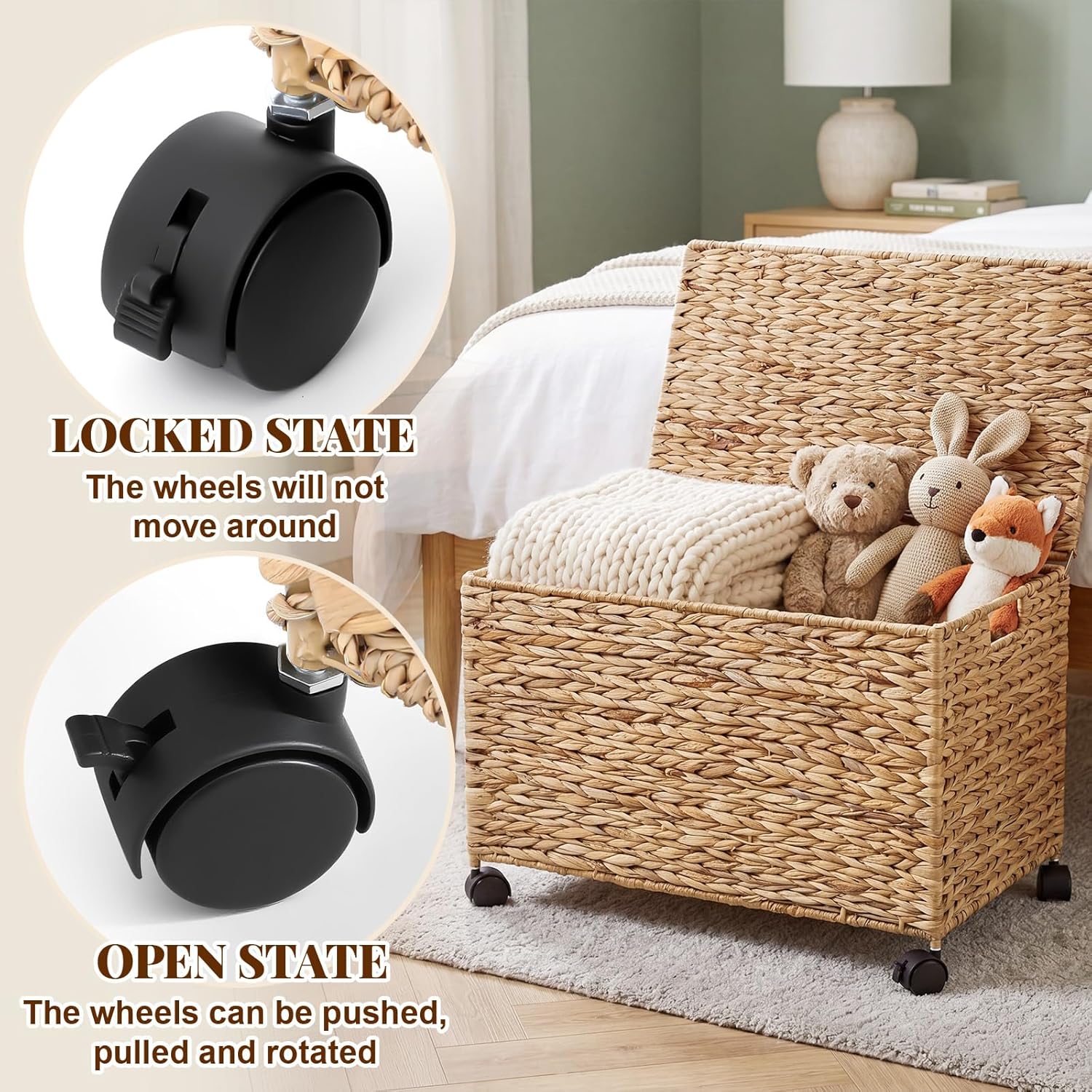 Cinnvoice 17.2 Gallon(65 L) 22×13×14 in Wicker Storage Trunk with Wheels & Lid Heavy Duty Rolling Storage Bench Large Toy Chest Water Hyacinth Woven Blanket Bin for Bedroom, Laundry Room, Natural
