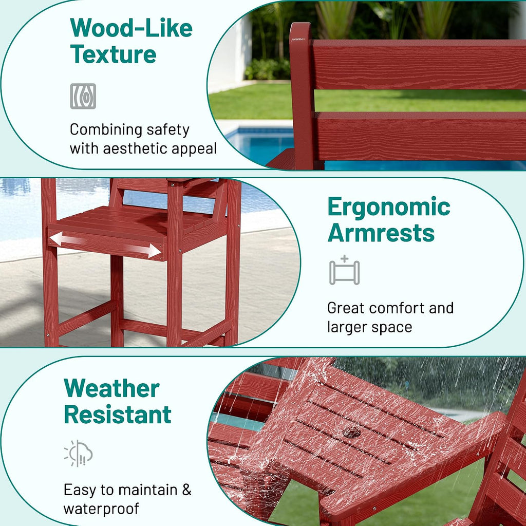 PLUUV Tall Adirondack Chairs Set of 2 with Double Connecting Side Trays, All-Weather HDPE Bar Height Patio Chairs for Balcony & Poolside, 380 LBs Capacity Heavy Duty Outdoor Furniture, Red