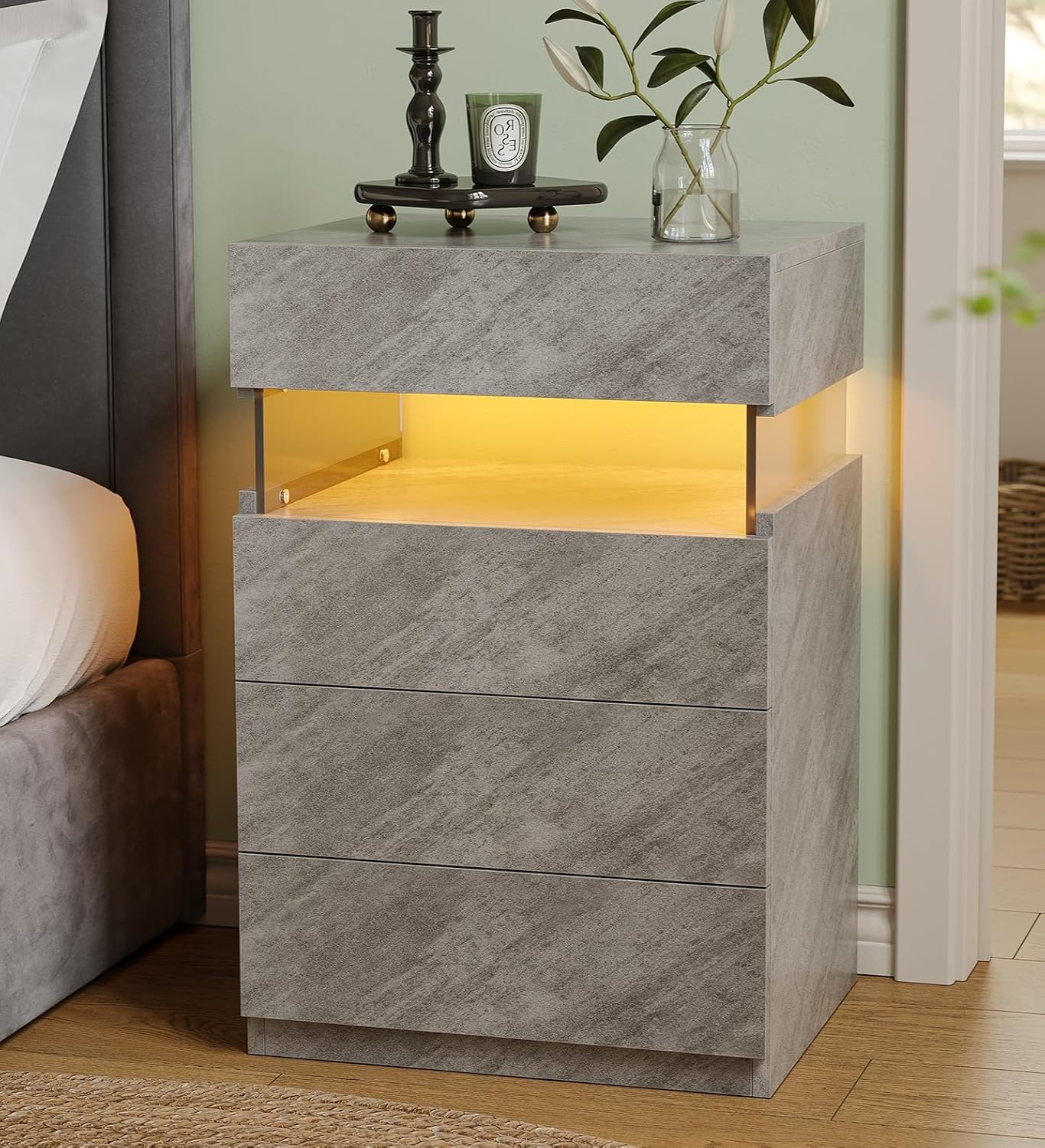 Bingoday Gray LED Night Stand Set 2 with 4 Drawers Modern Bedside Table | Nightstands with App-Controlled Adjustable LED Lights, Night Stand with Storage Shelf ,Modern Bedside Table for Bedroom