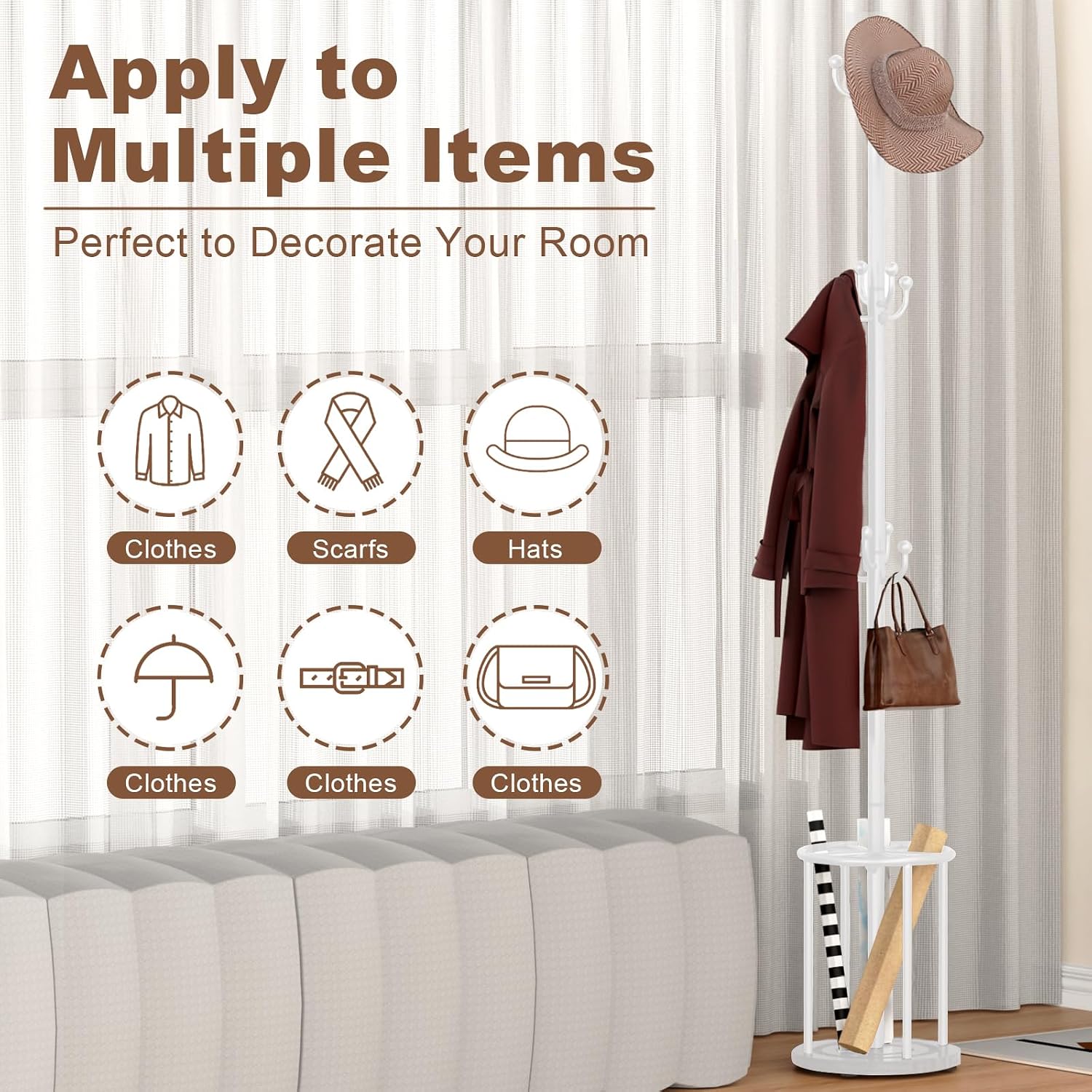 Coat Rack Freestanding, Coat Rack Stand with Umbrella Holder, Coat Tree, Coat Hanger Stand with 12 Hooks for Clothes Bag Hats, Used in Bedroom, Office, Living Room and Entryway-White