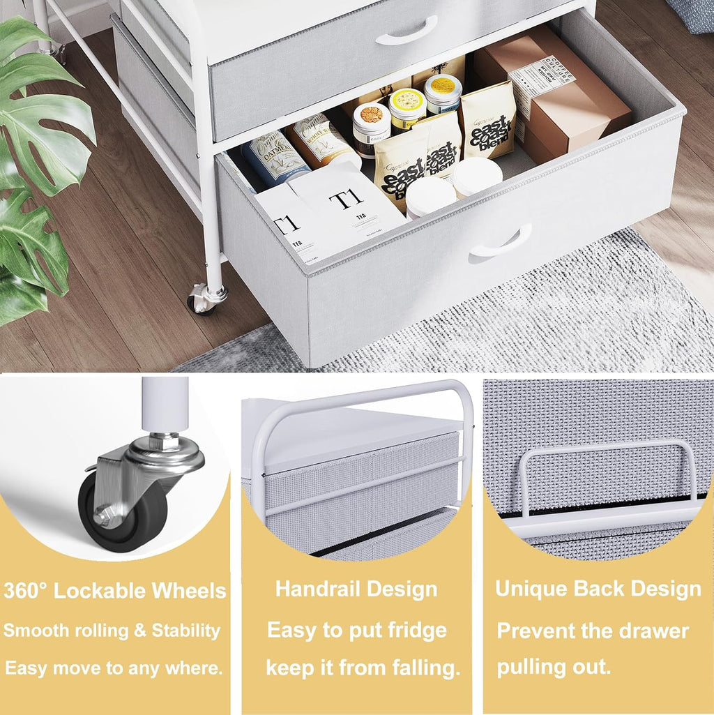 2 Drawer Dresser, 120LBS Fabric Storage Tower, 2 Drawer Storage Cart, Mini Fridge Stand with Storage, Metal Frame Iron Top, 4 Swivel Wheels for Home Kitchen, White