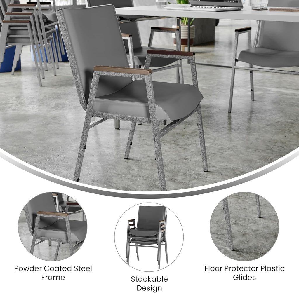 Flash Furniture Hercules Series Heavy Duty Gray Vinyl Stack Chair with Arms and Ganging Bracket, Set of 4