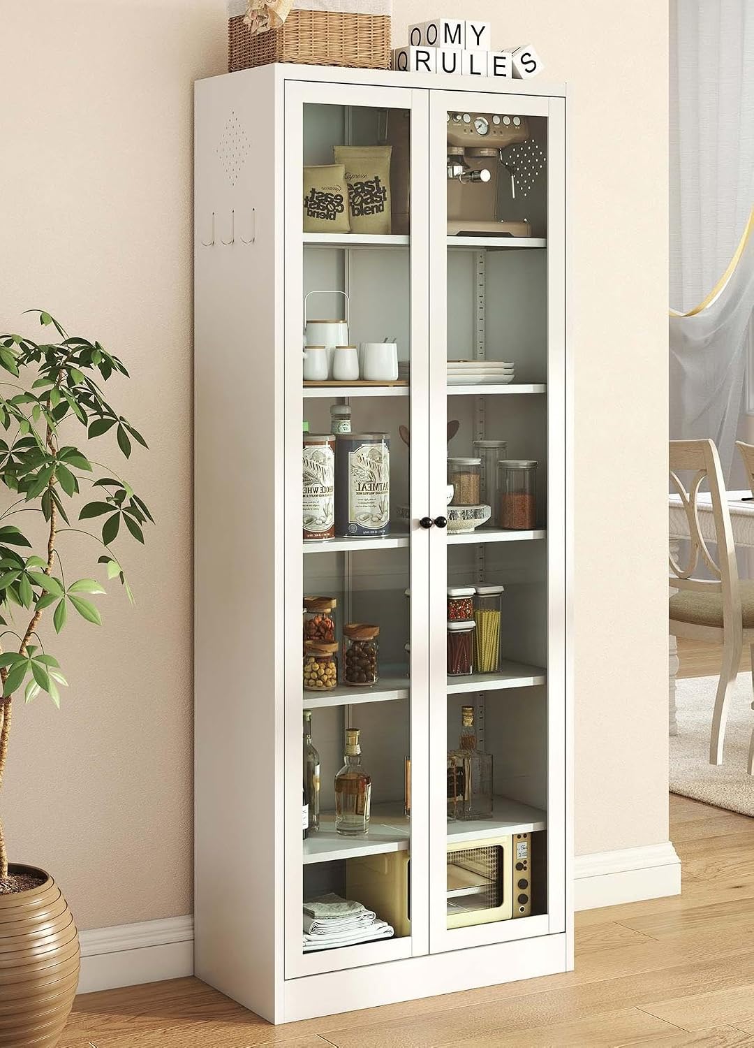 Tall Kitchen Cabinet Storage, Food Pantry Cabinet with Doors and Shelves, Tall Kitchen Cabinets with 5 Adjustable Shelves, White Metal Cabinets for Dining Room (White + Glass Door + Metal)