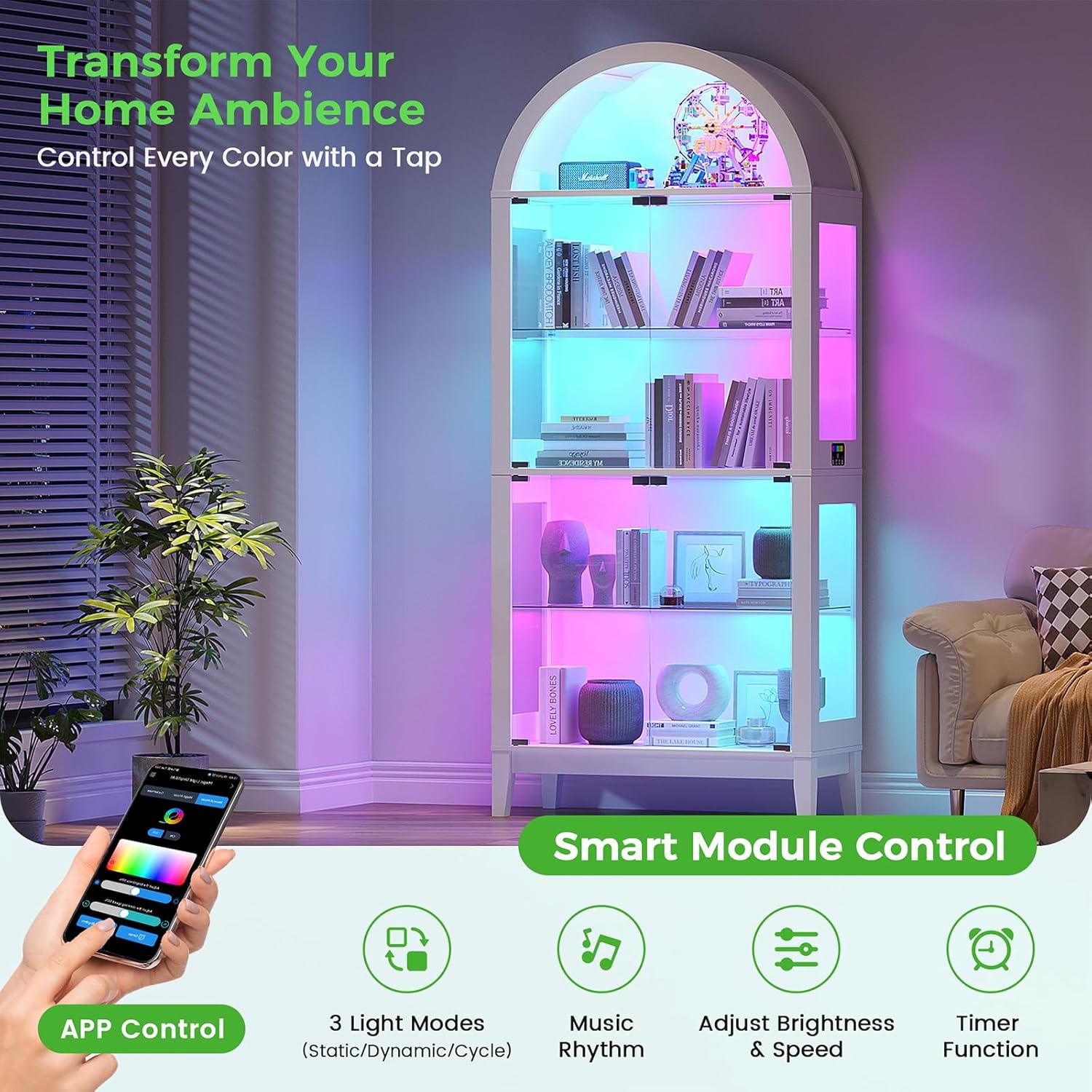 HNEBC Arched Display Case with RGB Lights, 69" Tall 5-Tier Tempered Glass Display Cabinet with Doors, LED Curio Cabinet with Shelf, Bookcase with Music-Synced Lighting for Living Room(White)