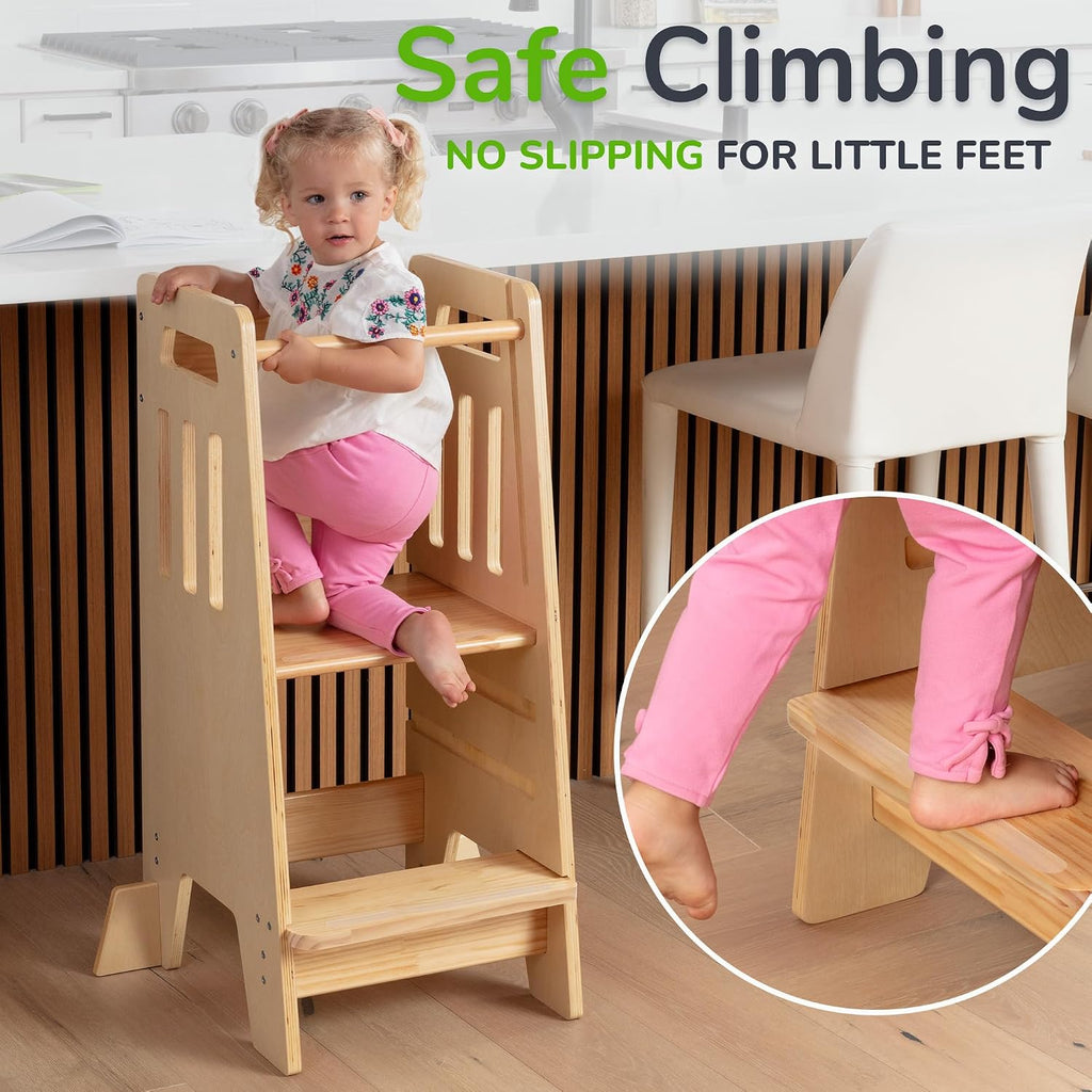 OCODILE Toddler Tower with a Sliding Door and 3 Adjustable Heights - Safe Toddler Kitchen Step Helper with Support Feet - Updated Design for 18+ Months to 6-Year-Old Kids - Varnished