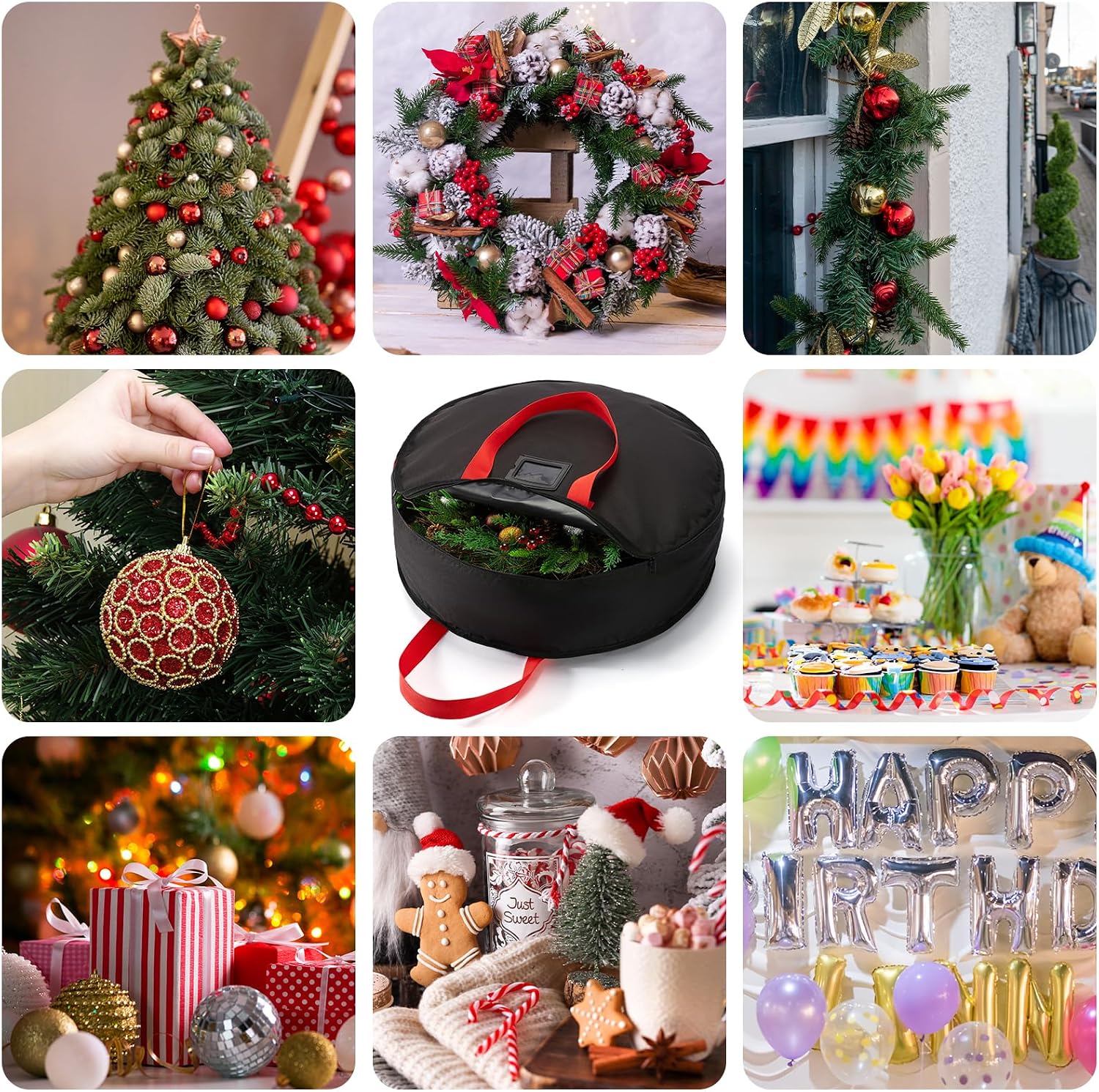 Wreath Storage Bag 24", Christmas Hanging Wreath Storage Container,Heavy-Duty Carrying Handles, Artificial Door Wreaths or Holiday Ornament Organziers,Black