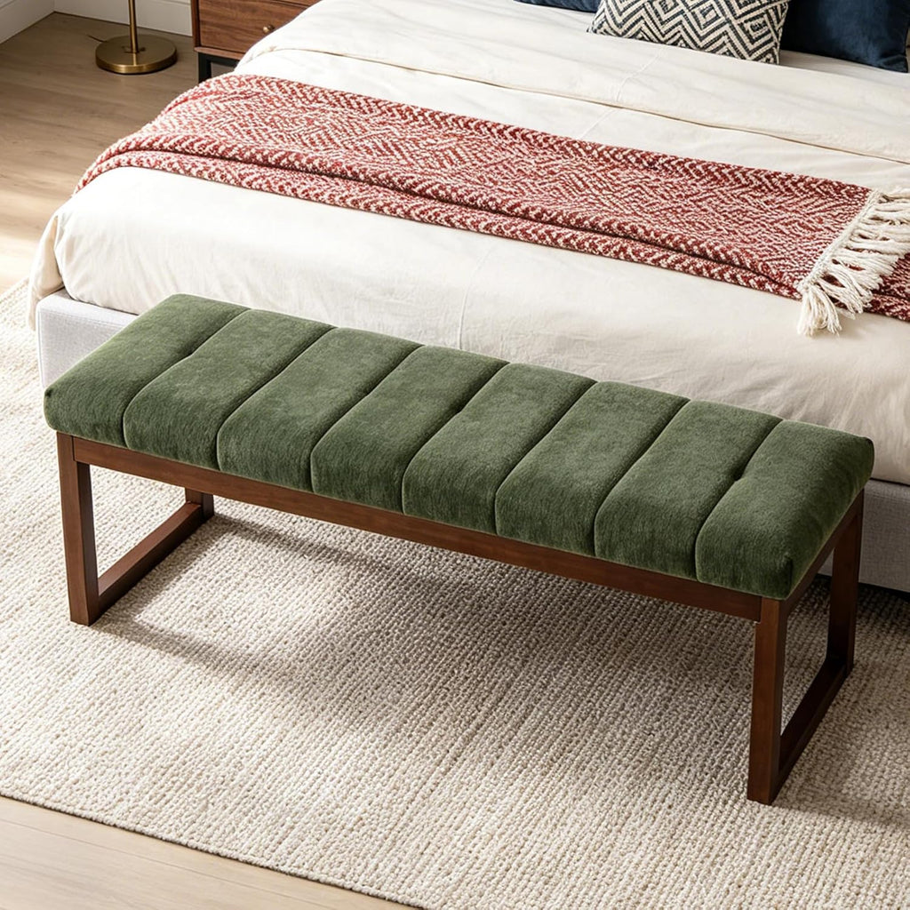 53.2" Upholstered End of Bed Bench, Modern Chenille Fabric Bedroom Bench with Cushion, Padded Dining Bench Entryway Bench with Solid Wood Frame for Bedroom, Living Room, Green