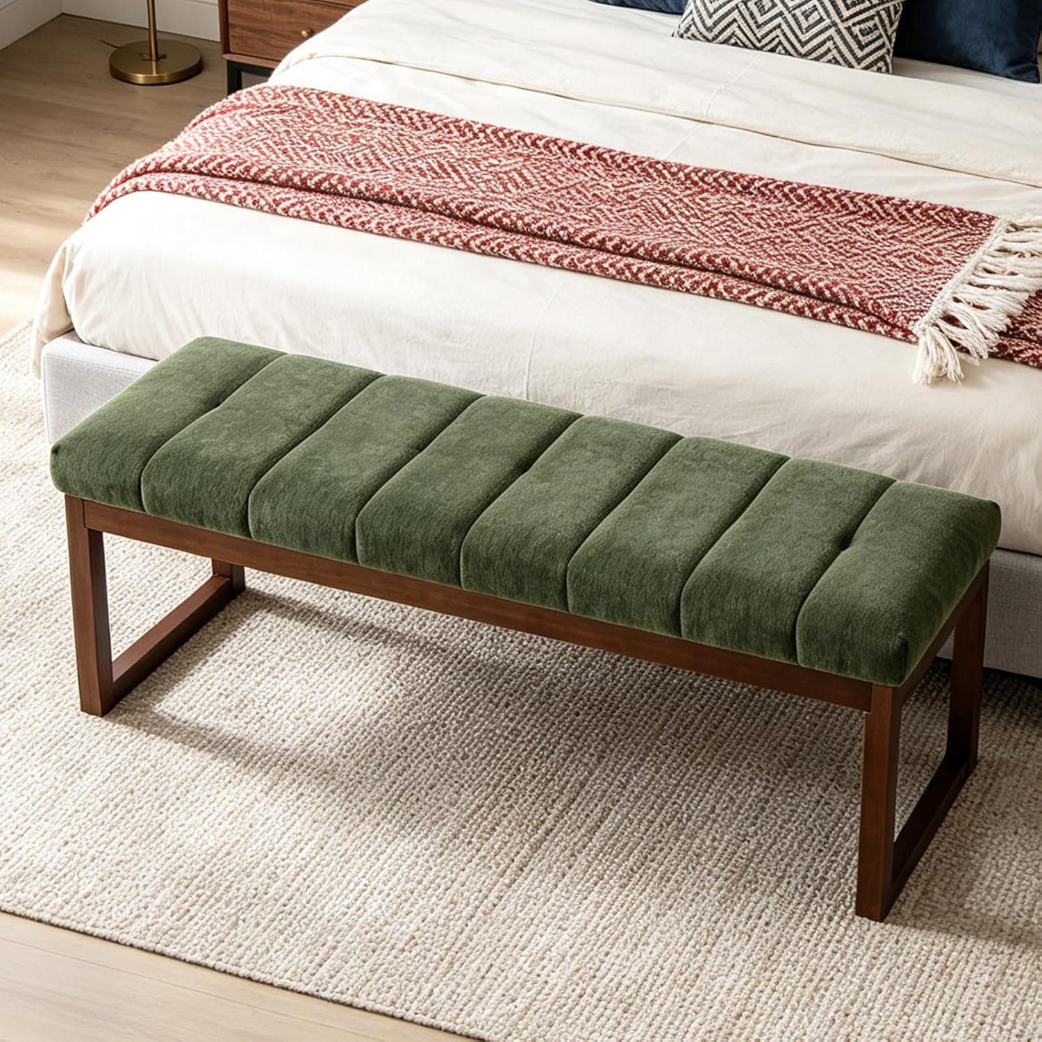 53.2" Upholstered End of Bed Bench, Modern Chenille Fabric Bedroom Bench with Cushion, Padded Dining Bench Entryway Bench with Solid Wood Frame for Bedroom, Living Room, Green