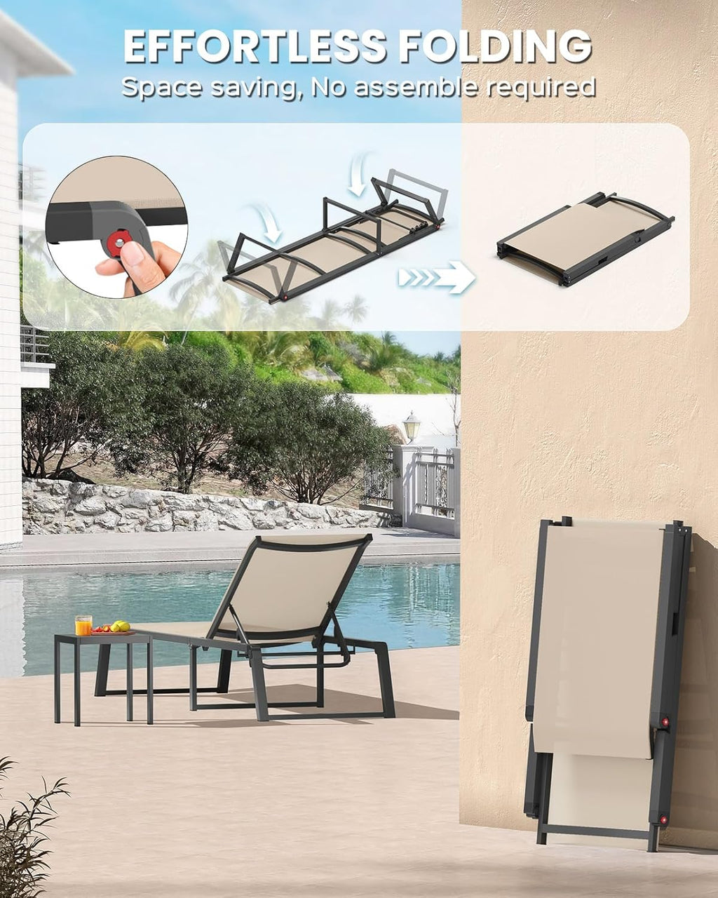 Aluminum Chaise Lounge Chair Outdoor, Foldable Patio Pool Lounge Chairs 5-Position Recliner for Outside, No Assembly Sun Lounger for Poolside, Khaki, 2 Chairs&1 Side Table