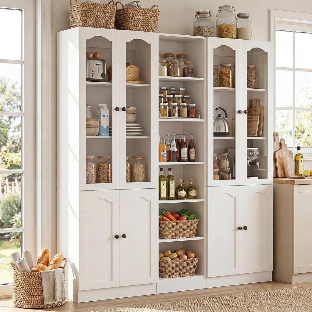 Cyclysio 80" Tall Pantry Cabinet Set of 3, Large Kitchen Storage Cabinet with Arched Glass Doors and Open Shelves, White Kitchen Pantry with 3.15" Baseboard Cutout for Living Room, Dining Room