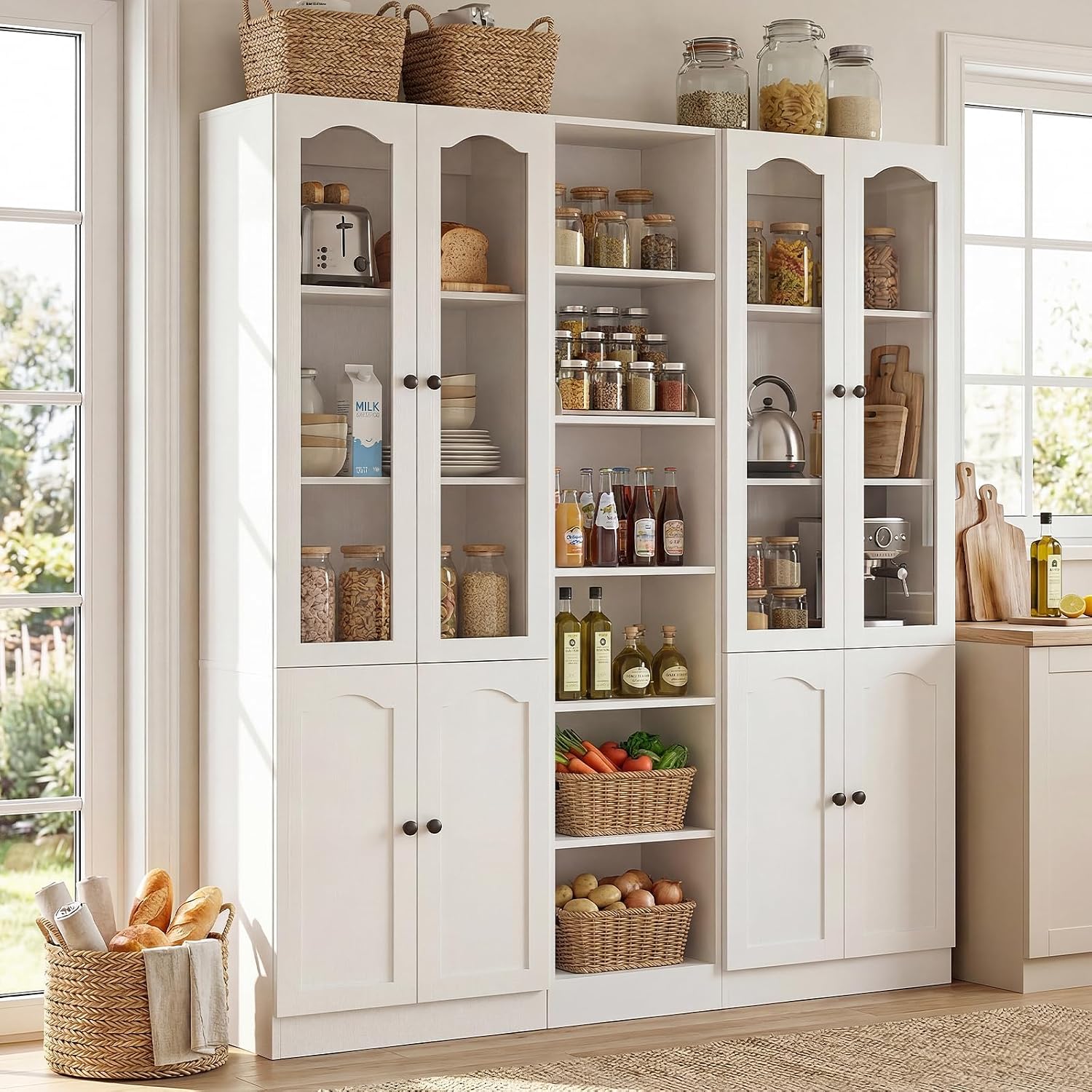 Cyclysio 80" Tall Pantry Cabinet Set of 3, Large Kitchen Storage Cabinet with Arched Glass Doors and Open Shelves, White Kitchen Pantry with 3.15" Baseboard Cutout for Living Room, Dining Room