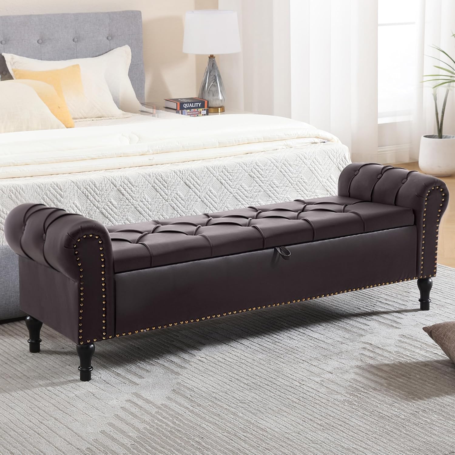 Faux Leather Storage Bench 67 Inch Upholstered Tufted Ottoman Bench with Arms Large Storage Space King Size End of Bed Bench for Bedroom Living Room Entryway Whiskey Coffee