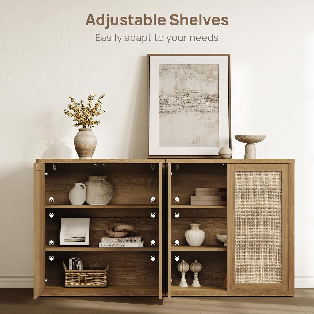 SICOTAS 64" Rattan Modular Buffet Sideboard Storage Cabinet - Large Credenza Console Table with Adjustable Shelves, Farmhouse Boho Coffee Bar Cabinet Stand for Living Room, Hallway, Dining Room