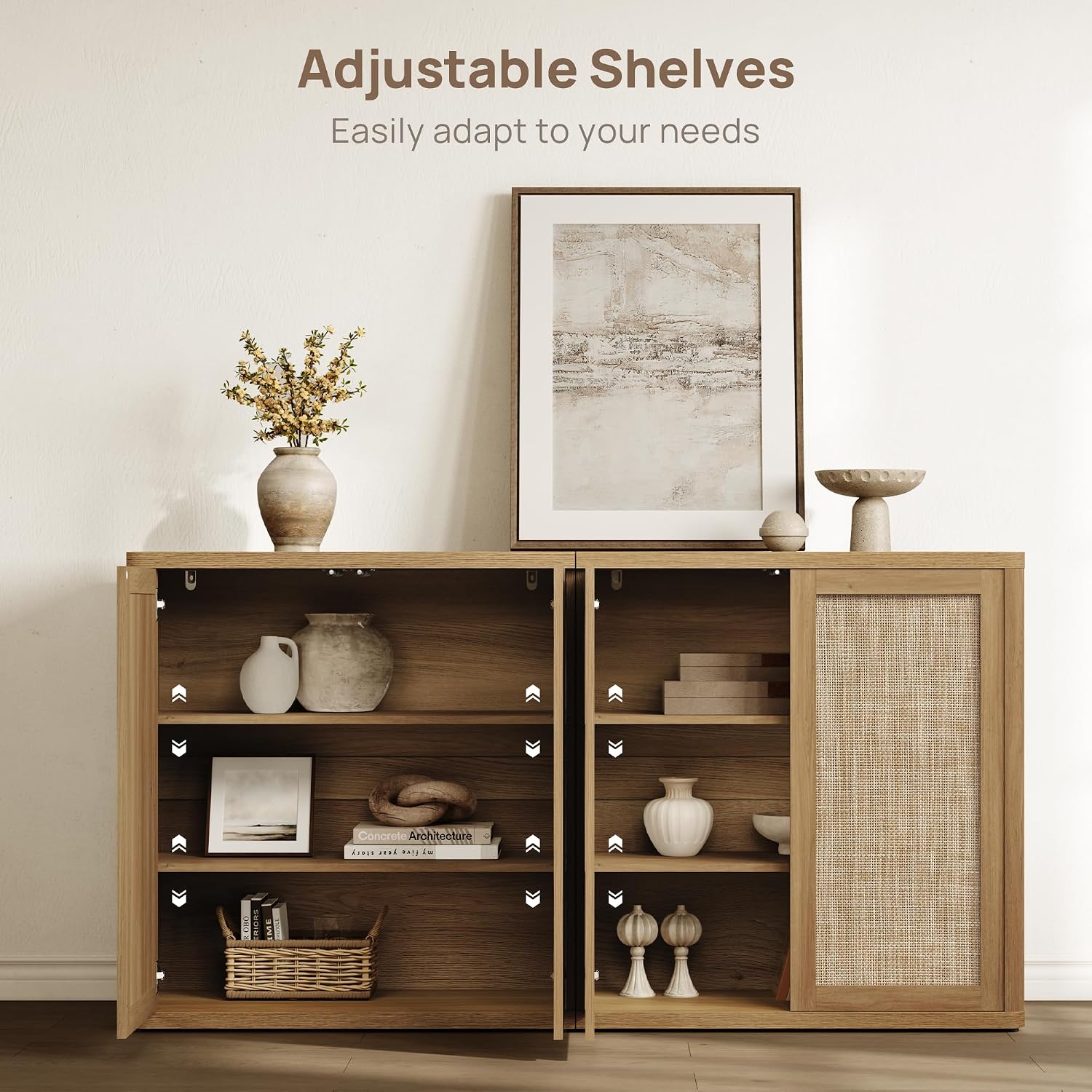 SICOTAS 64" Rattan Modular Buffet Sideboard Storage Cabinet - Large Credenza Console Table with Adjustable Shelves, Farmhouse Boho Coffee Bar Cabinet Stand for Living Room, Hallway, Dining Room
