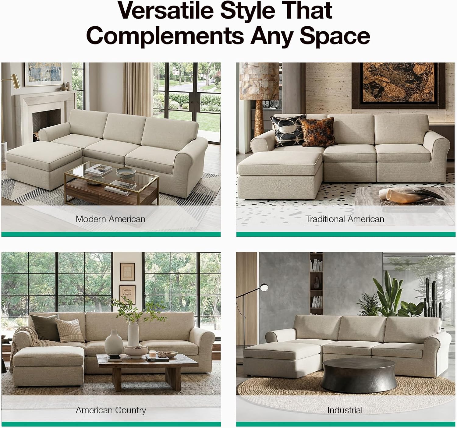 Novilla 108" Modular Sectional Sofa, Modular Sectional Couches for Living Room Bedroom, Chenille Removable Cover Cloud Couch with Smarts Coil® Support L-Shaped Couch(Beige, 3 Seater + 1 Ottoman)