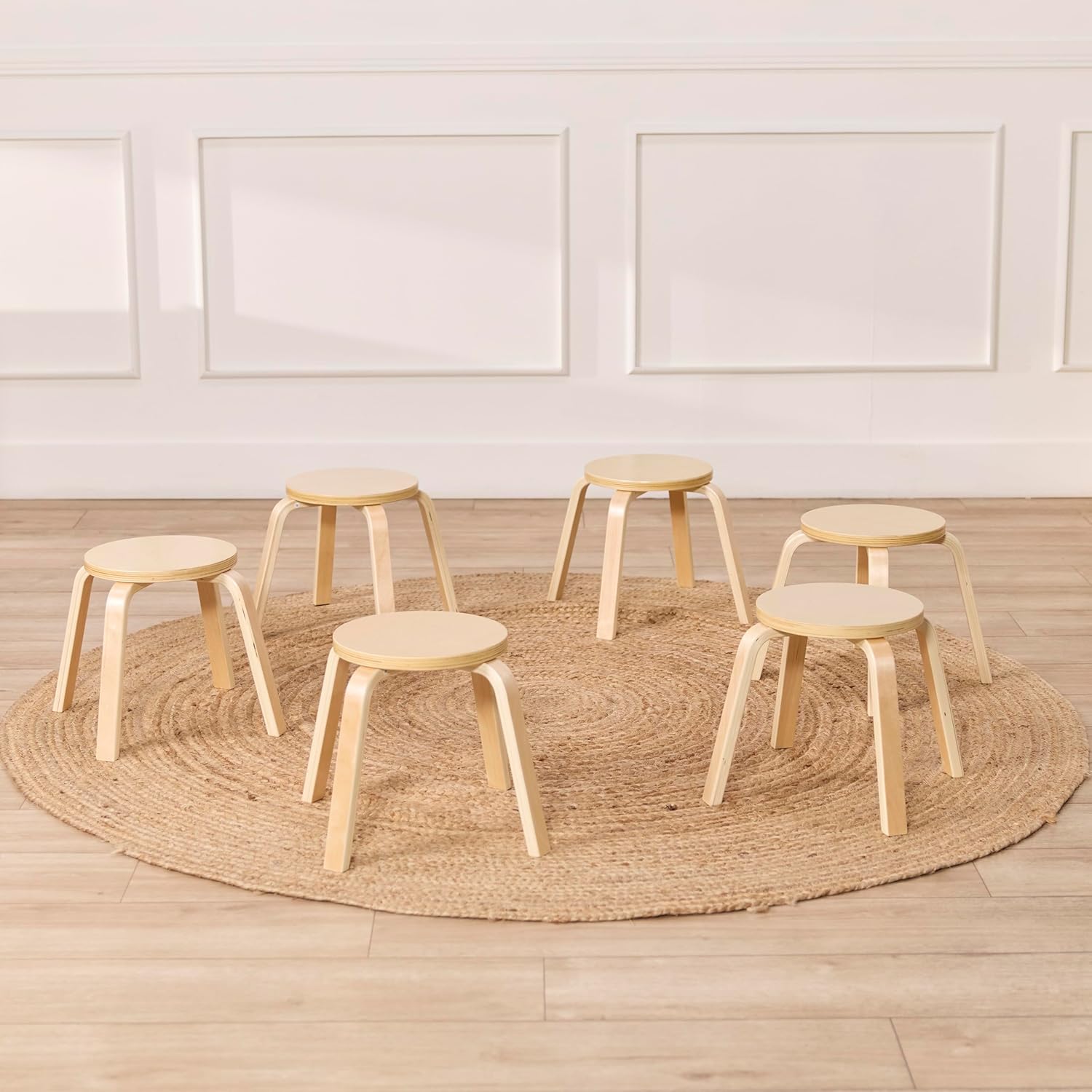 ECR4Kids Bentwood Stackable Stools, 12in Seat Height, Classroom Furniture, Natural, 6-Piece