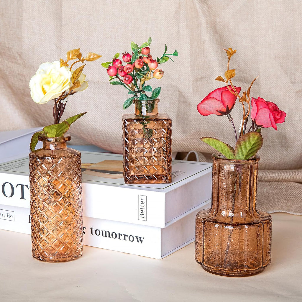 Gold Amber Glass Bud Vase Set of 12, Small Vintage Flower Bottle Petite Glass Flower Vase for Floral Arrangements, Decorative Centerpiece,Table Decor,Home Wedding Party