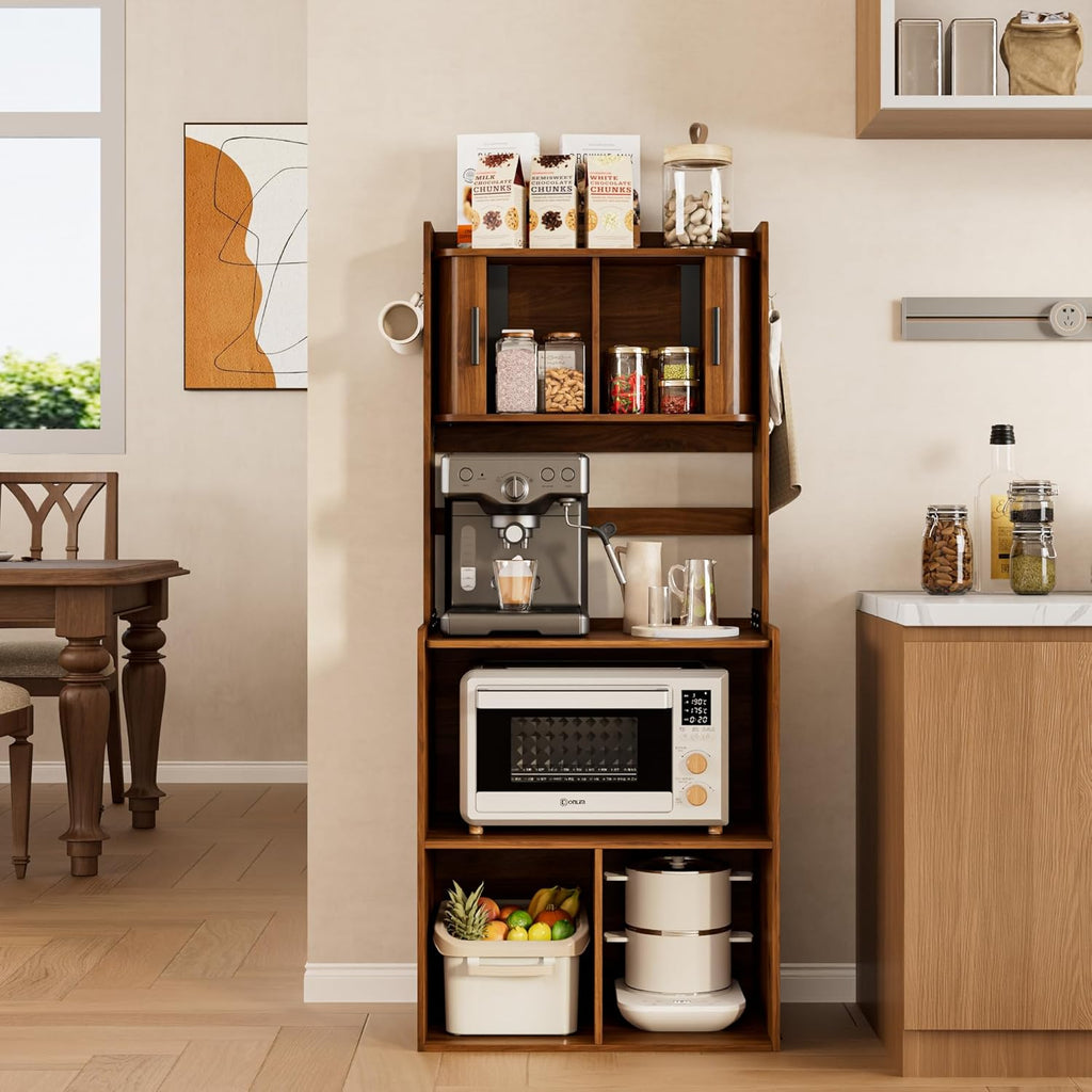 Kitchen Bakers Rack,Coffee Bar with Fluted Sliding Door,5 Tier Free Standing Kitchen Shelves Rack with 6 Hooks and Cable Holes,Microwave Stand for Small Spaces,Kitchen,Living Room