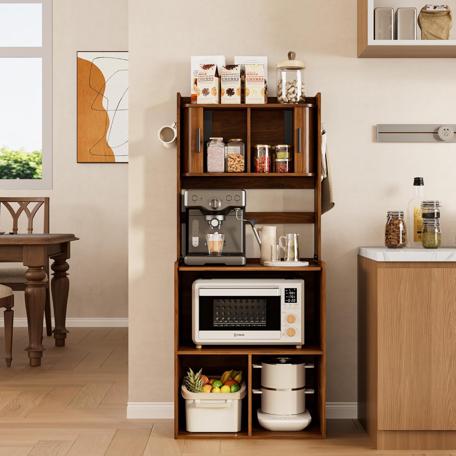 Kitchen Bakers Rack,Coffee Bar with Fluted Sliding Door,5 Tier Free Standing Kitchen Shelves Rack with 6 Hooks and Cable Holes,Microwave Stand for Small Spaces,Kitchen,Living Room
