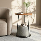 Manora 21.7" Round End Table, Modern Industrial Side Table Nightstand, Small Wood Top Accent Table for Living Room, Couch, Bedroom, Black Metal Legs, Rustic Brown (with a Basket)