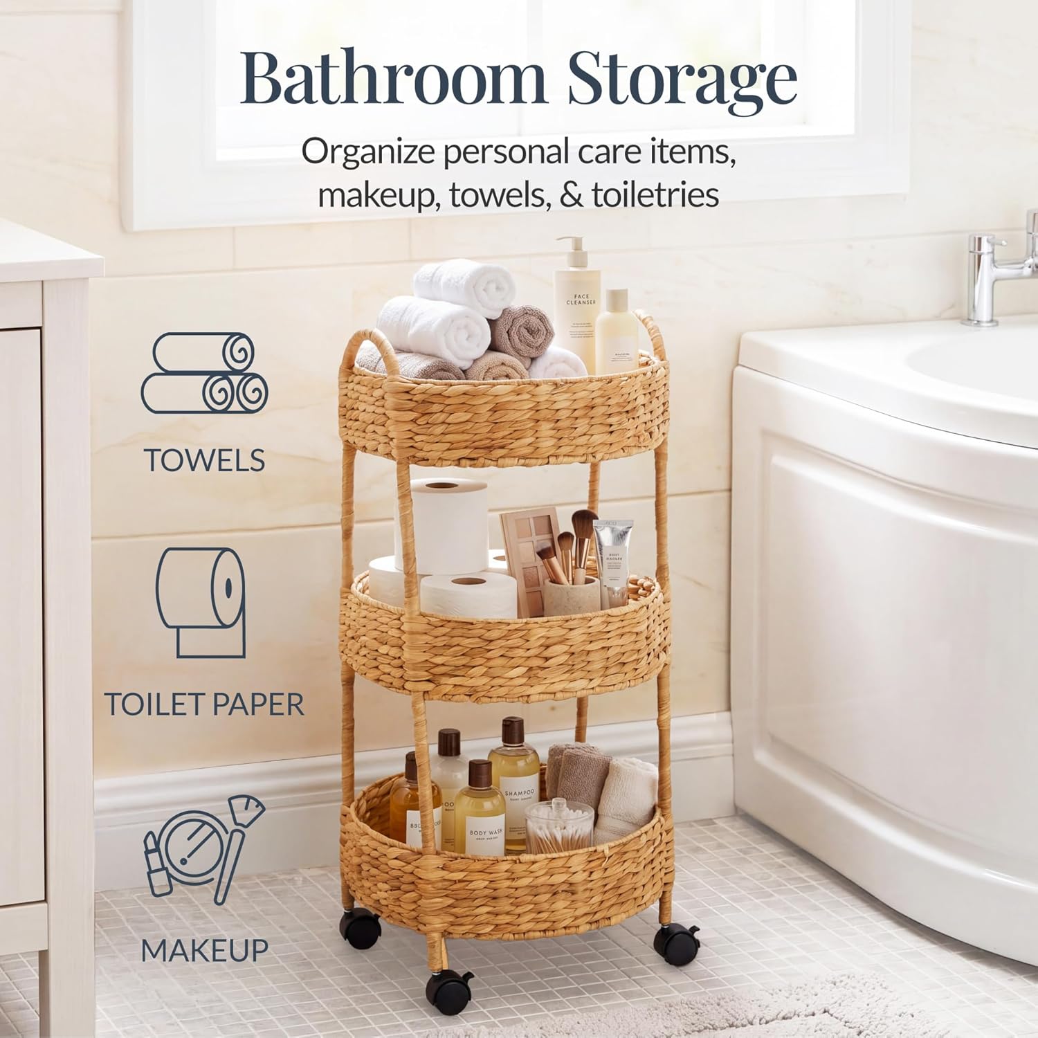 Best Choice Products 3-Tier Round Rolling Nursery Caddy w/Wheels, Handwoven Utility Cart, Storage Organization for Bathroom, Craft Room, Laundry Room - Natural