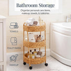 Best Choice Products 3-Tier Round Rolling Nursery Caddy w/Wheels, Handwoven Utility Cart, Storage Organization for Bathroom, Craft Room, Laundry Room - Natural