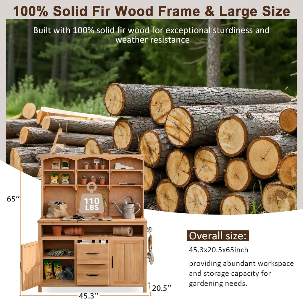 Merax 45.3" Large Outdoor Fir Wood Potting Bench with Storage, Multi-Functional Patio Kitchen Island, 6-Shelf Hutch+2 Cabinets+2 Drawers+3 Hooks, Garden Workstation for Planting, Gardening, Natural