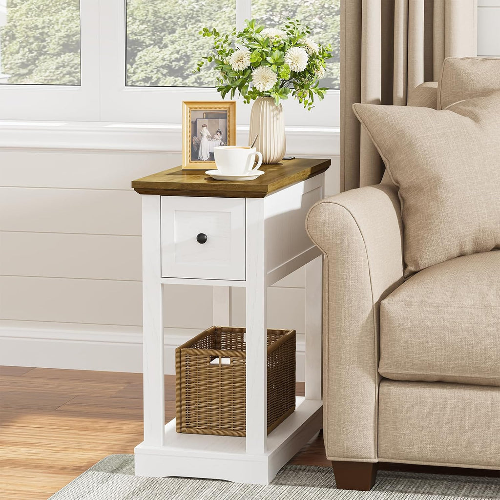 Farmhouse End Table with Storage Drawer, Narrow Side Table with Charging Station, Nightstand, Thicken Base, for Living Room, Bedroom, Rustic Brown and White