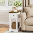 Farmhouse End Table with Storage Drawer, Narrow Side Table with Charging Station, Nightstand, Thicken Base, for Living Room, Bedroom, Rustic Brown and White