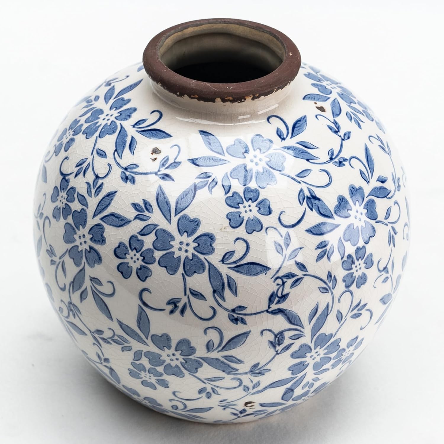 Blue and White Ceramic Vase 8”, Vintage Decorative Pottery Floral Vase for Hydrangeas, Crackle Glaze Chinoiserie Vase for French Country Rustic Farmhouse Coffee Table & Mantel Decor