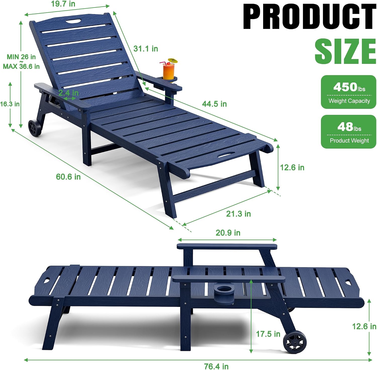 Outdoor Lounge Chair Set of 2 with 5-Position Adjustable, Outside Lounge Chair with Cup Holder, Wheels for Easy Mobility, HDPE Tanning Chair for Poolside, Patio, Blue