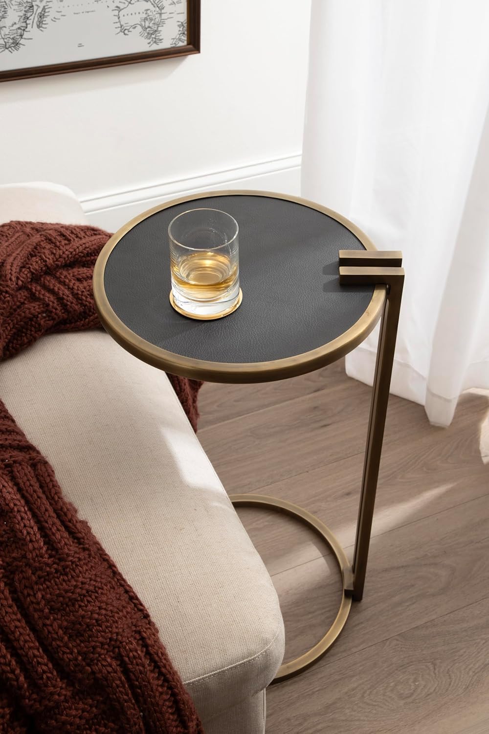Kate and Laurel Monsanto Modern Vegan Leather Round C-Table, 15 x 14 x 28, Black and Antique Brass, Metal C-Shaped Side Table for Use as Living Room Decor Accent or Indoor Plant Stand