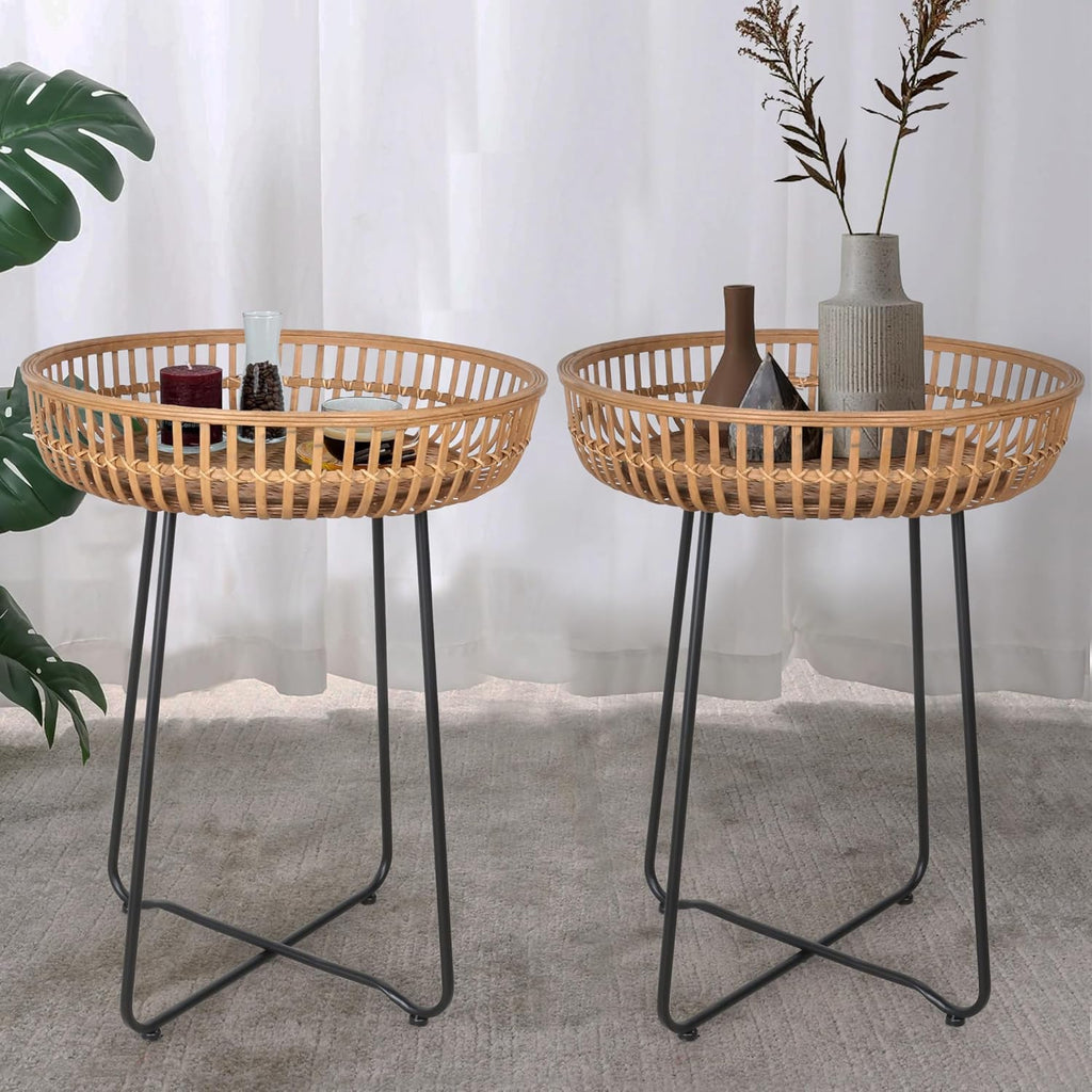 Oakrain Rattan End Table, Nesting Tables, Set of 2, Bamboo, Round, Metal Base, for Boho Living Room, Sofa, Bedroom, Terrace (18.11inch, Set of 2)