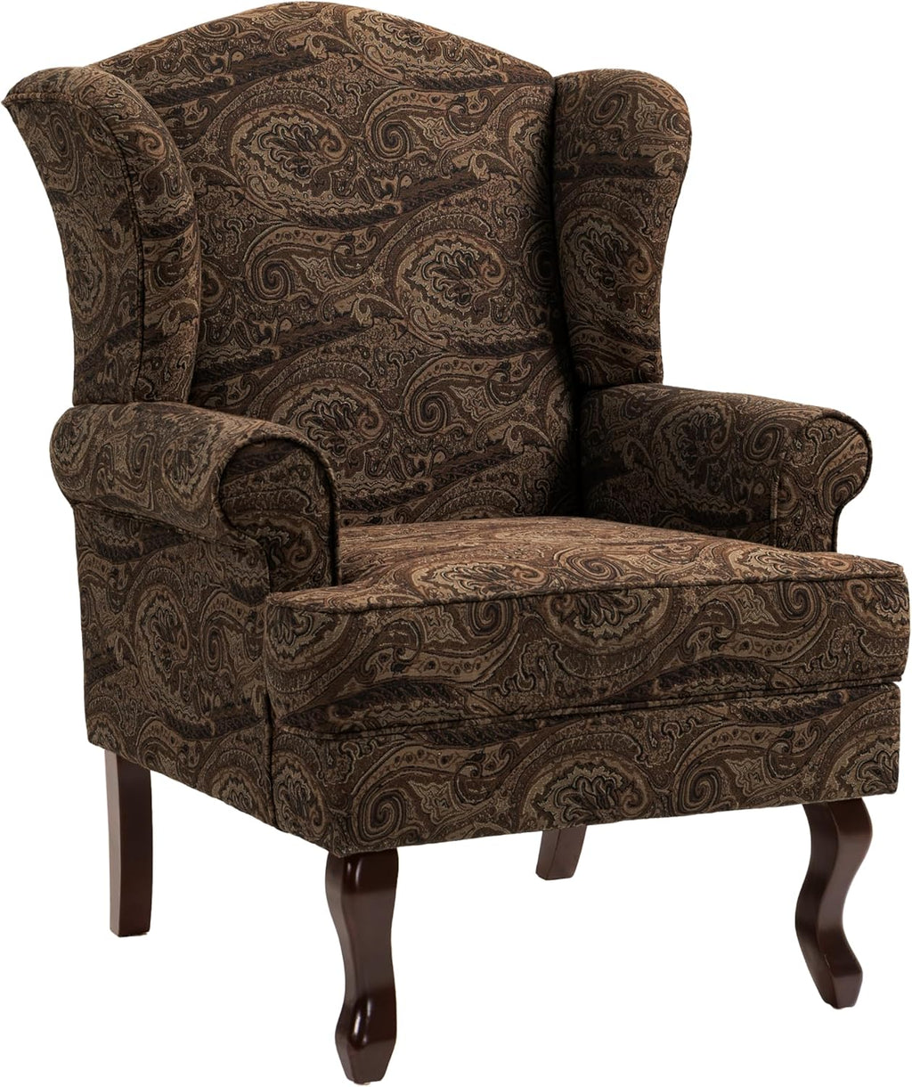 High Back Accent Chair, Floral Upholstered Armchair Retro Arm Club Chair in Fabric with Solid Wood Legs, Comfy Single Sofa Reading Seat for Living Room Bedroom Dorm - Brown Cranberry