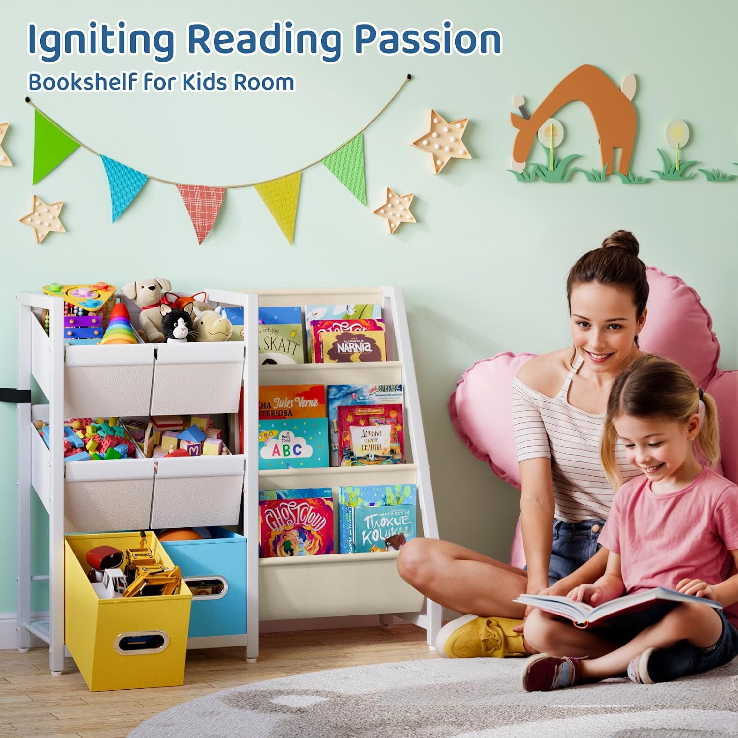 LATIBELL Kids Bookshelf Toy Storage Organizer - Book Shelf for Kid Rooms, 6 Toy Bins for Kid Organizer and 3 Sling Kids Bookcase, Toddler Baby Montessori Nursery Bookshelf Childrens Book Rack Display