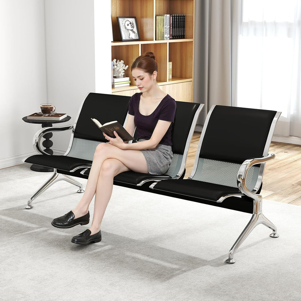 KINTNESS Guest Reception Chairs for Airport Waiting Room Office Chairs Salon Barber Bank Hall Room Conference Airport with Black Leather Cushion 3 Seat Bench Furniture …