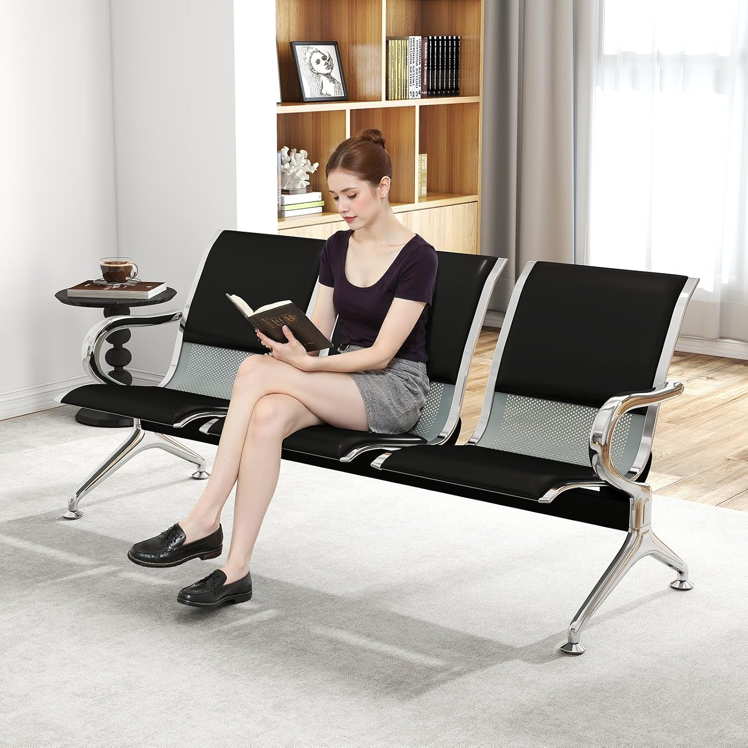 KINTNESS Guest Reception Chairs for Airport Waiting Room Office Chairs Salon Barber Bank Hall Room Conference Airport with Black Leather Cushion 3 Seat Bench Furniture …