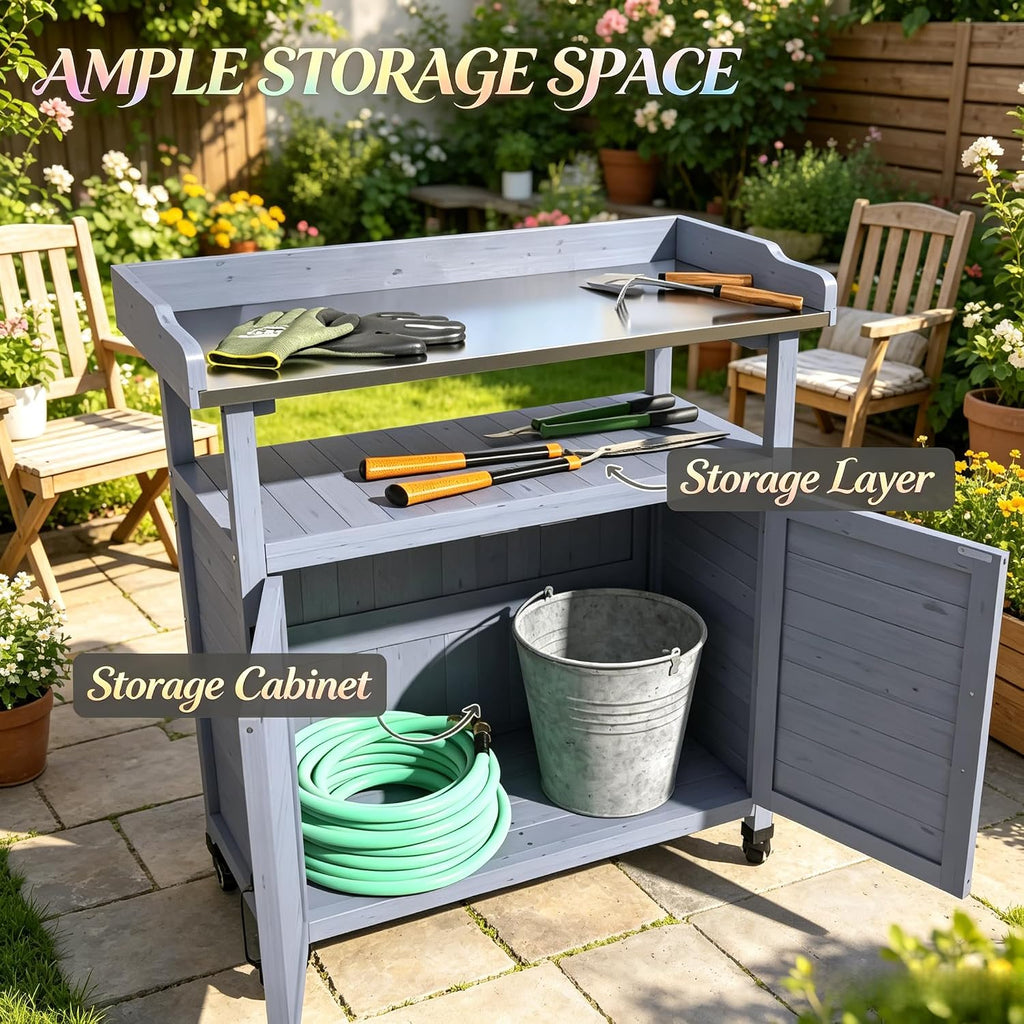Backyard Storage Cabinet Wooden Outdoor Patio Storage Cabinet Rolling Potting Bench with Wheels Country Garden Potting Table Workstation