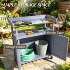 Backyard Storage Cabinet Wooden Outdoor Patio Storage Cabinet Rolling Potting Bench with Wheels Country Garden Potting Table Workstation
