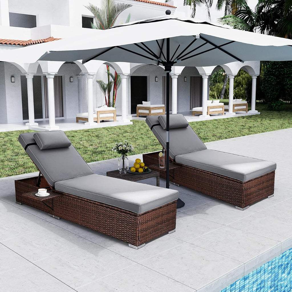 OUYESSIR Chaise Lounge Outdoor Wicker Lounge Chairs for Outside PE Rattan Patio Chairs Pool Loungers Set of 2 for Deck Yard Beach Poolside, with Side Shelf, Adjustable 5 Position, Grey/Brown