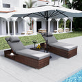 Rophefx Outdoor PE Wicker Patio Lounge Chairs Set of 2, Outside Rattan Pool Lounge Chair with Cup Holder & Adjustable Backrest, Brown Rattan Recliners for Poolside Deck Beach Yard (Grey Cushions)