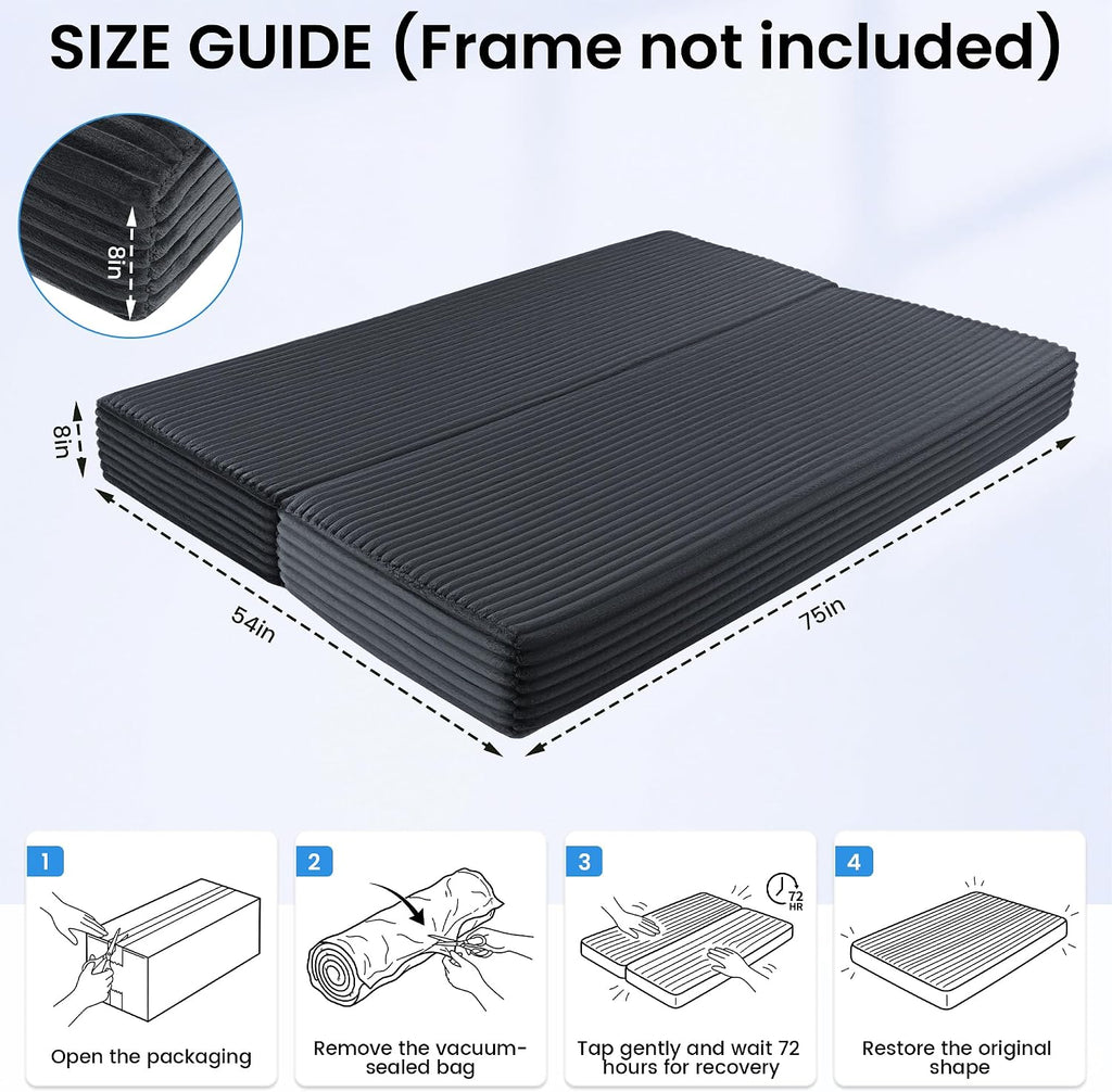 HOMBYS 8 Inch Memory Foam Futon Mattress Full Size, Split Foldable Futons Sofa Couch Bed Floor Mattress, Convertible Sofa Bed Mattress Fits Most Daybed and Futon Frames, 75" x 54"(Frame Not Included)